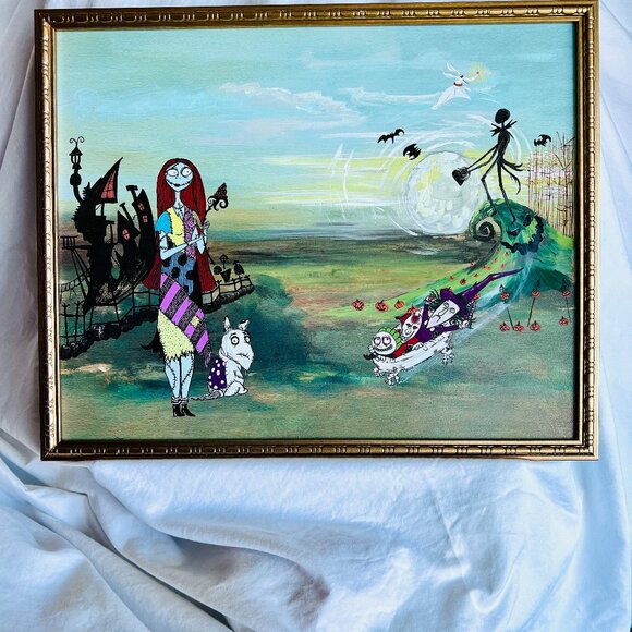 Re-purposed GORGEOUS vintage art hand-painted Jack & Sally wall art